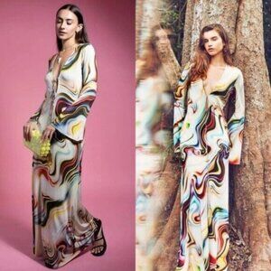 Alexis Beriana Multicolor Mist Bell Sleeve Retro Swirl 70s Dress Size XS